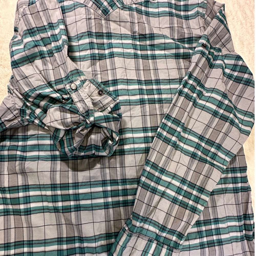 Helix Mens XL Teal Grey Plaid Western Pearl Snap Roll Tab Long Sleeve Shirt - Picture 8 of 9